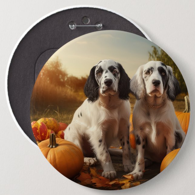Engelsk Setter Valp Höstglädje Pumpa  Knapp (Framsida & baksida)