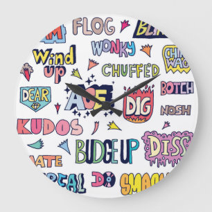 Engelsk slang ord, doodle lettering stor klocka