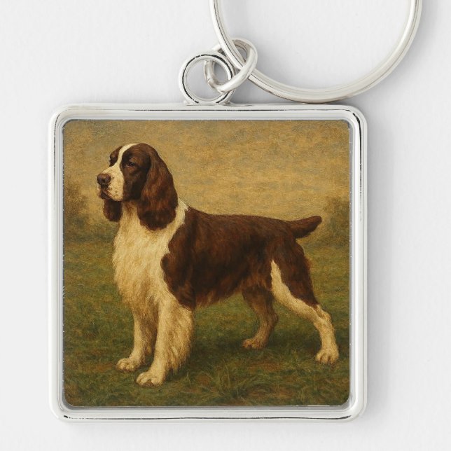 Engelsk Springer Spaniel Fyrkantig Silverfärgad Nyckelring (Framsidan)