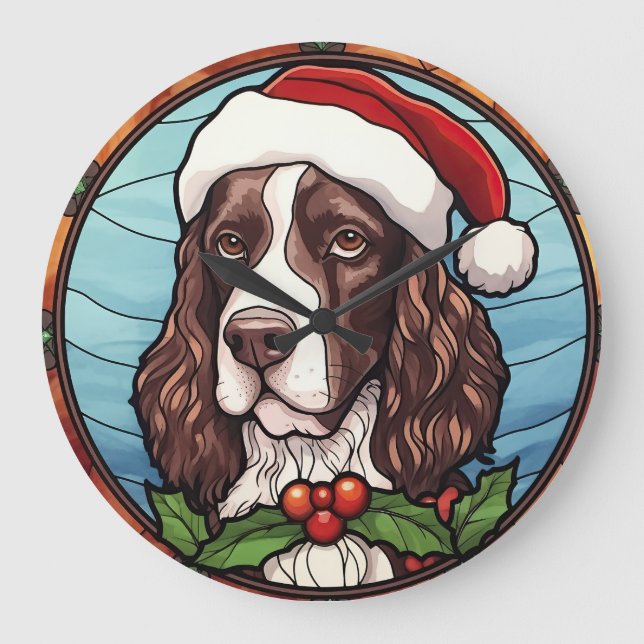 Engelsk Springer Spaniel Glasmosaik Jul Stor Klocka (Framsida)