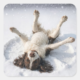 Engelsk Springer Spaniel gör en snöängel Fyrkantigt Klistermärke