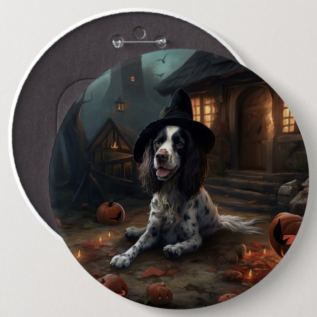 Engelsk Springer Spaniel Pumpa Halloween Skräck  Knapp (Framsida & baksida)
