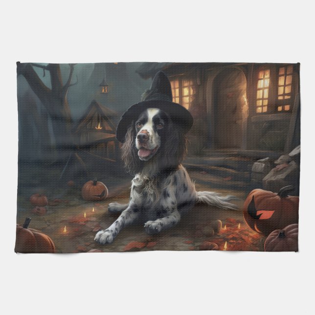 Engelsk Springer Spaniel Pumpa Halloween Skräck  Kökshandduk (Horisontell)