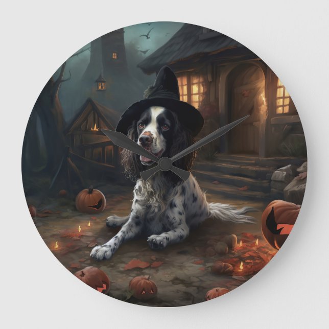 Engelsk Springer Spaniel Pumpa Halloween Skräckinj Stor Klocka (Framsida)