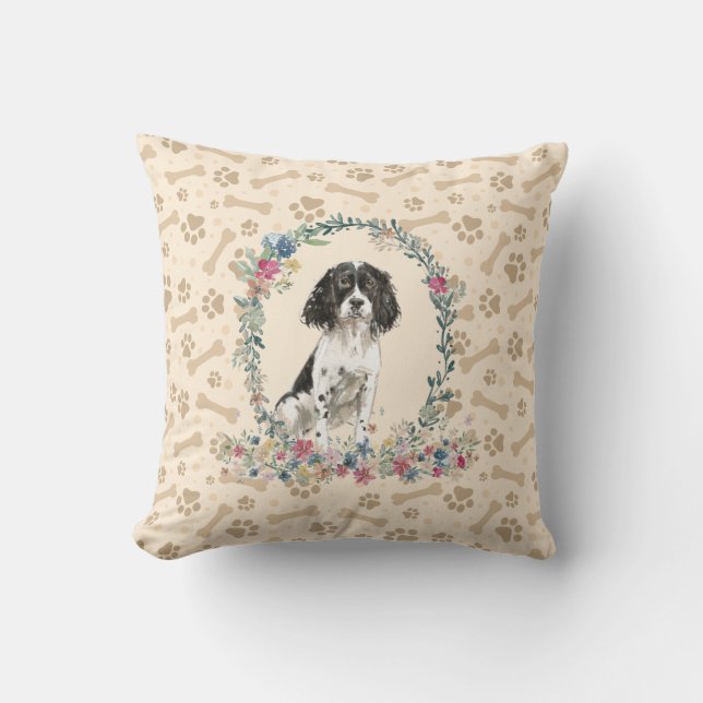Engelsk Springer Spaniel Svart Hund Tassavtryck Sö Kudde (Framsida)