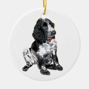 Engelsk Springer Spaniel Valp - svart och vit Julgransprydnad Keramik