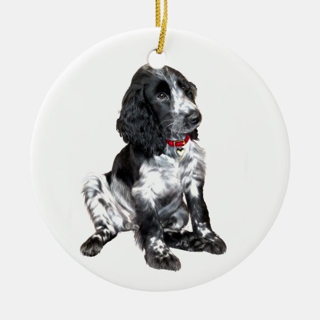 Engelsk Springer Spaniel Valp - svart och vit Julgransprydnad Keramik (Framsidan)