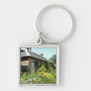 Engelsk text II med Blomsterträdgård Fotografi Fyrkantig Silverfärgad Nyckelring