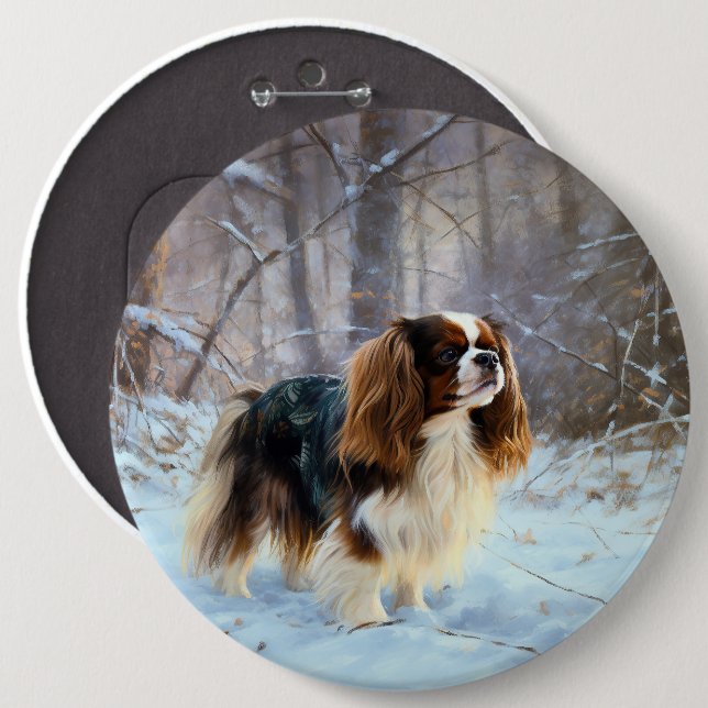 Engelsk Toy Spaniel Låt Det Snöa Jul  Knapp (Framsida & baksida)