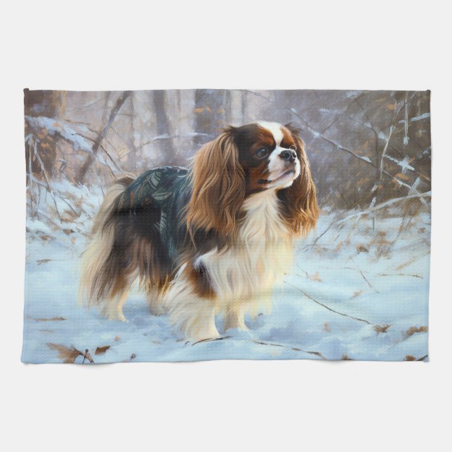 Engelsk Toy Spaniel Låt Det Snöa Jul  Kökshandduk (Horisontell)
