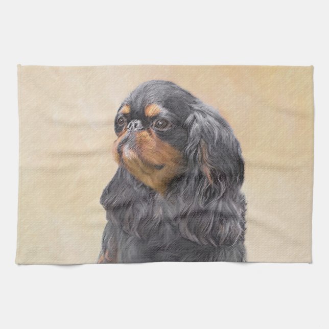 Engelsk Toy Spaniel Målning Original Djur Konst Kökshandduk (Horisontell)