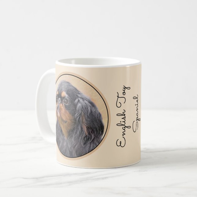 Engelsk Toy Spaniel Målning Original Djurkonst Kaffemugg (Framsida vänster)