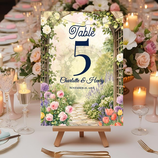 Engelsk Trädgård Floral Trädgård Bröllops Bord Num Tack Kort (English Garden Floral Arbor Wedding Table Number Card)