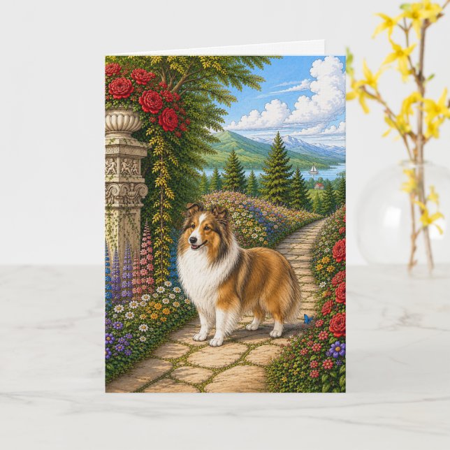 Engelsk Trädgård Shetland Sheepdog Tomt Kort (Gul blomma)