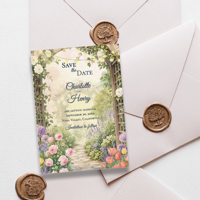 Engelsk Trädgård Vattenfärg Blommig Trädgårdsbröll Spara Datumet (English Garden Watercolor Floral Arbor Wedding Save The Date)