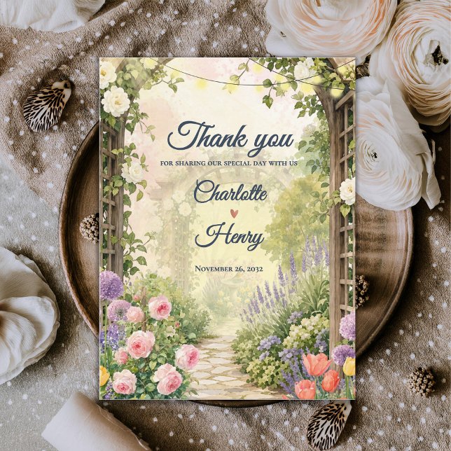 Engelsk Trädgård Watercolor Blommig Bröllop Tacksa Vykort (English Garden Wedding Thank You Card | Watercolor Floral Arbor Thank You Note)