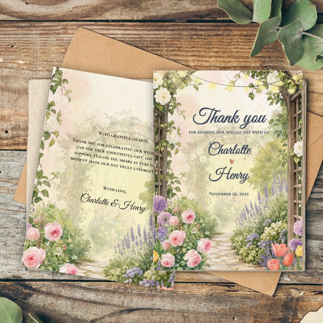 Engelsk trädgårds blommande lund bröllop tack vykort (English Garden Wedding Thank You Card | Double-Sided Watercolor Floral Arbor Thank You Card)
