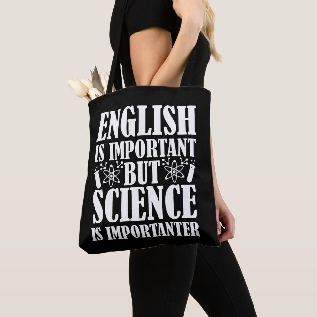 Engelsk viktig men science Funny Teacher säger Tygkasse (Närbild)