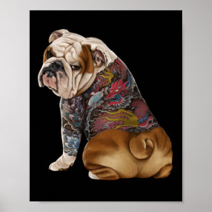 Engelska Bull Dog with Japansk Dragon Tatto Irezu Poster