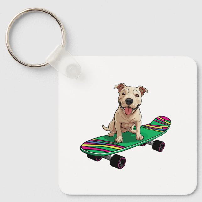 Engelska Bull Terrier på Skateboard Nyckelring (Framsida)