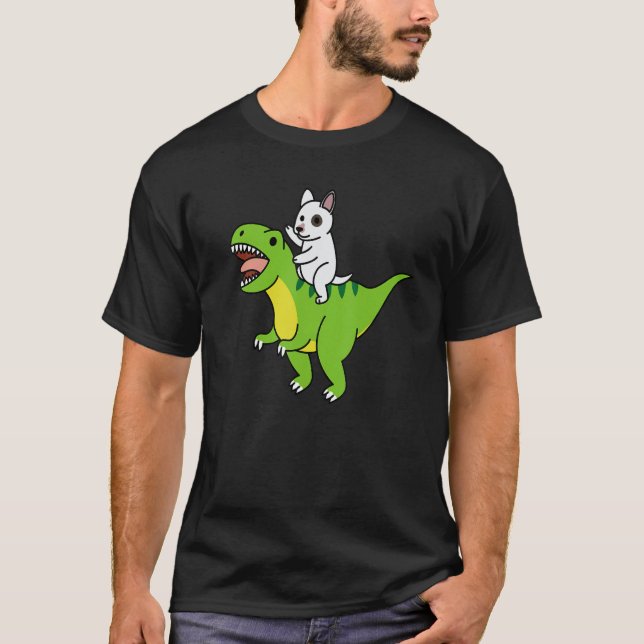 Engelska Bull Terrier Riding Rex Dinosaur Hund T Shirt (Framsida)