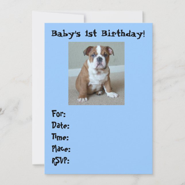 Engelska Bulldog Baby 1st Birthday Inbjudningar (Framsida)