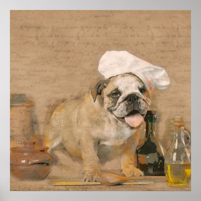 Engelska bulldog Chef Kitchen Skriv ut Poster (Framsidan)