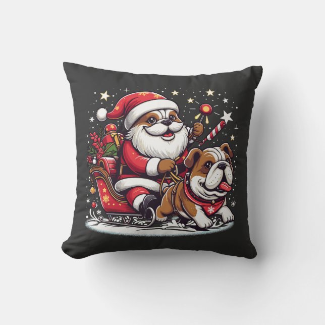 Engelska Bulldog christmas jultomten ridning Funny Kudde (Framsida)