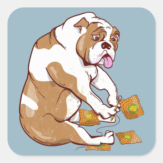 Engelska Bulldog Crochet Fyrkantigt Klistermärke (Framsida)