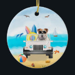 Engelska bulldog-drivande på Beach Julgransprydnad Keramik<br><div class="desc">Engelsk bulldog som kör fordon på stranden är en perfekt gåva till någon som kärlek i hund aveln.</div>
