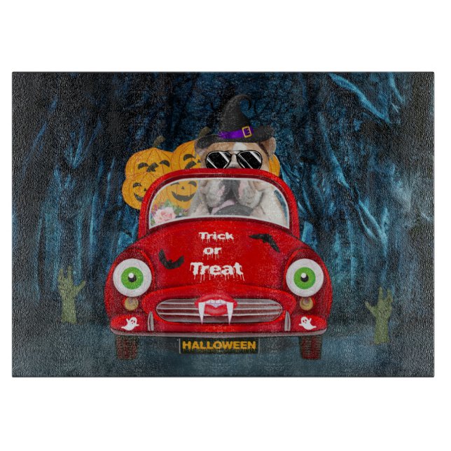 Engelska bulldog Driving Car Scary Halloween (Framsidan)