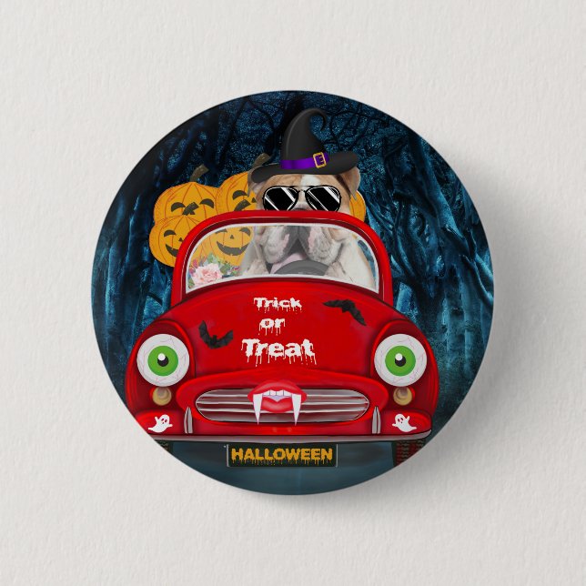 Engelska bulldog Driving Car Scary Halloween Knapp (Framsida)