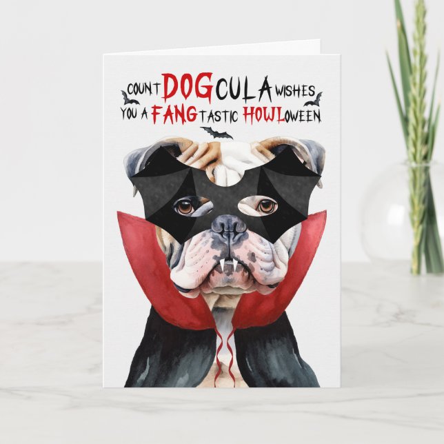 Engelska bulldog Funny Count DOGcula Halloween Helgkort (Framsida)