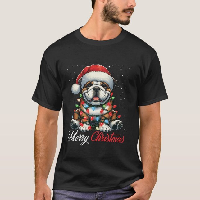 Engelska bulldog God jul Ljus Santa Hat X T Shirt (Framsida)