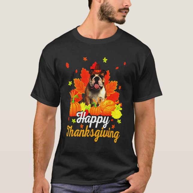 Engelska Bulldog Happy thanksgiving T Shirt (Framsida)