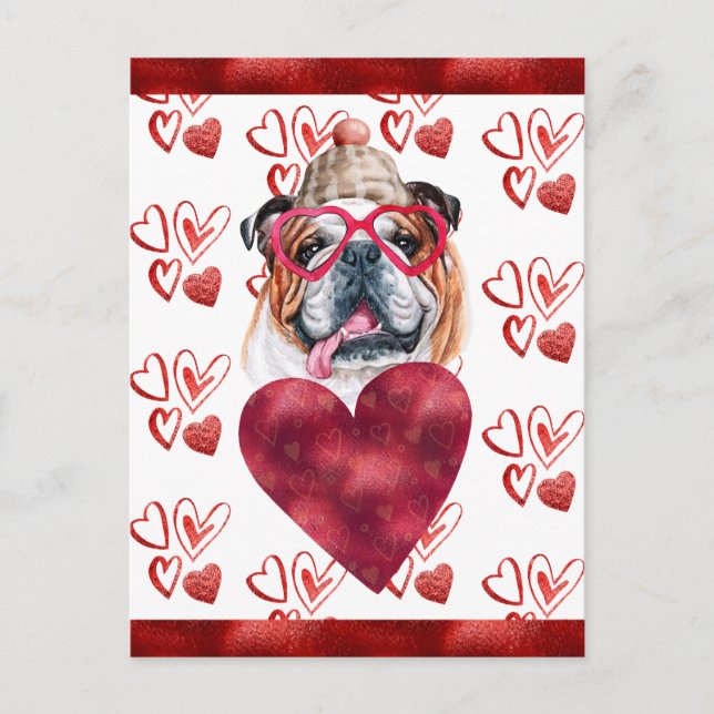 Engelska Bulldog Hearts Hund älskare Valentine Gif Helg Vykort (Framsida)