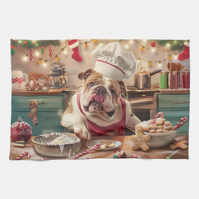 Engelska bulldog-Helgdag Baking: Festive jul Kökshandduk (Horisontell)
