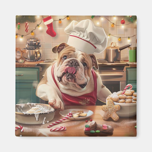 Engelska bulldog-Helgdag Baking: Festive jul Magnet (Framsidan)
