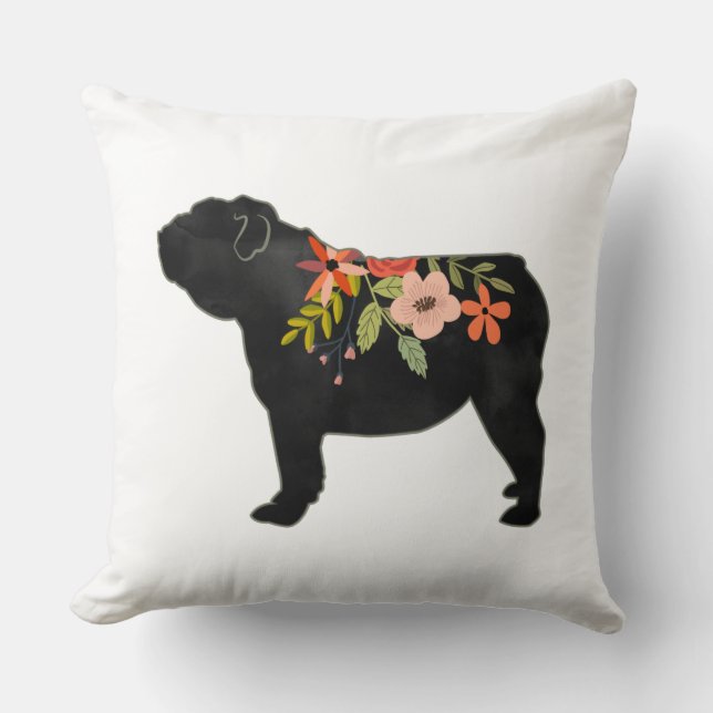 Engelska Bulldog Hund aveln Boho Blommigt Silhouet Kudde (Framsida)