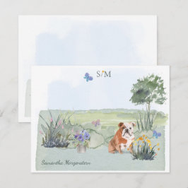 Engelska Bulldog Hund Butterfly Monogram och Namn Anteckningskort