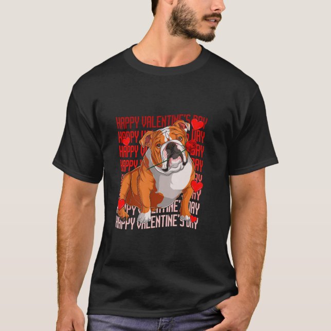 Engelska Bulldog Hund Red Hearts Lycklig Valentine T Shirt (Framsida)