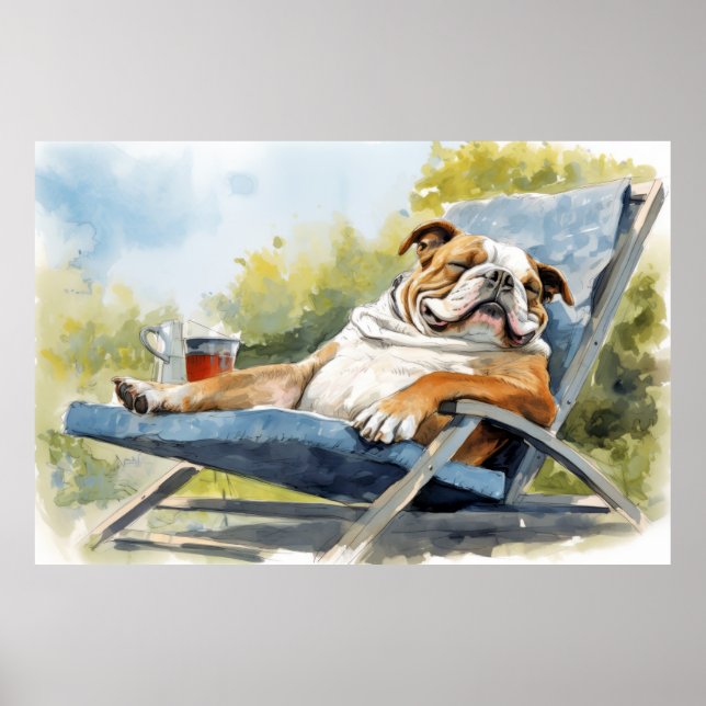 Engelska Bulldog Hund Relaxing in Garden Animal Ro Poster (Framsidan)