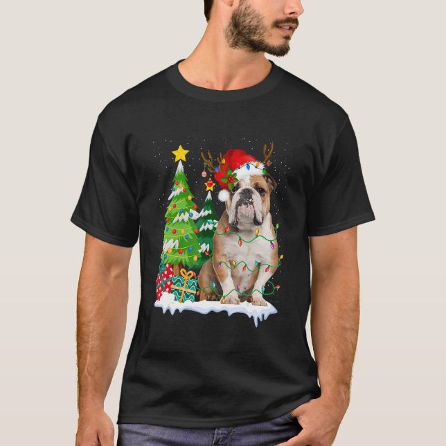 Engelska bulldog Hund Santa Hat Reindeer jul L T Shirt (Framsida)