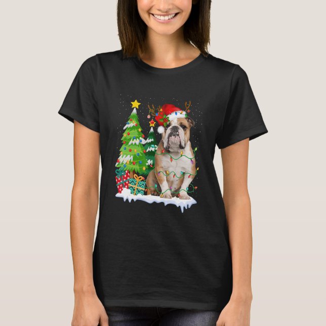 Engelska bulldog Hund Santa Hat Reindeer jul L T Shirt (Framsida)