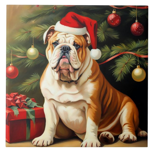 Engelska bulldog i Santa hat. Kakelplatta (Framsidan)