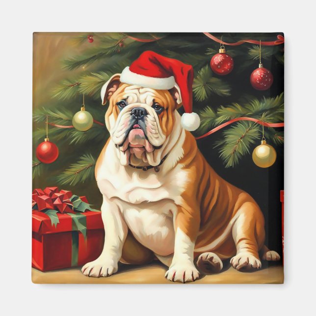 Engelska bulldog i Santa hat. Magnet (Framsidan)