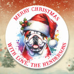 Engelska bulldog i Santa Hat-Personligen Runt Klistermärke<br><div class="desc">Om du vill att kärlek ska tjura och klistermärken ska försegla dina julkortskuvert,  så kör du! Cute Vattencolor stil ai art English Bulldog i Santa Hat-klistermärken. Lägg till ditt namn och julen hälsning i personaliseringsområdet.</div>