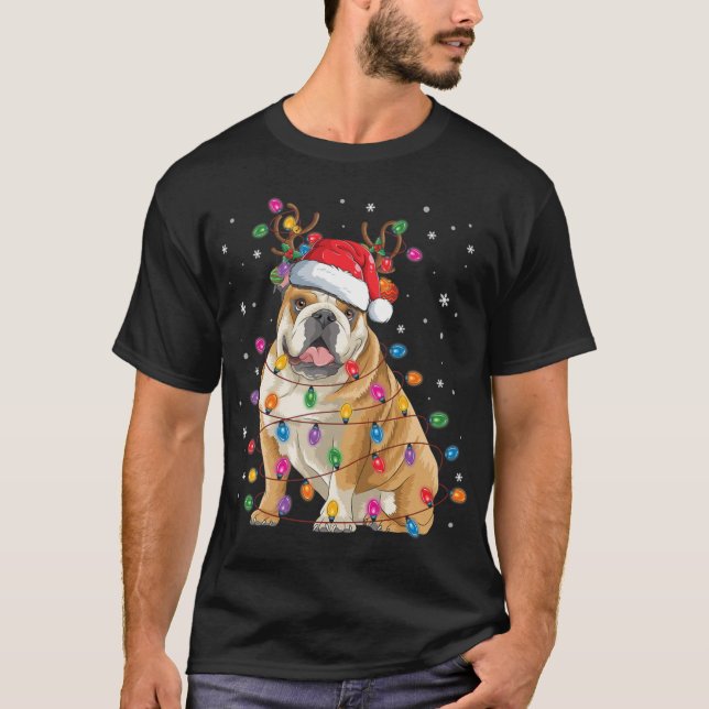 Engelska bulldog jul Reindeer Santa Hat Funny T Shirt (Framsida)