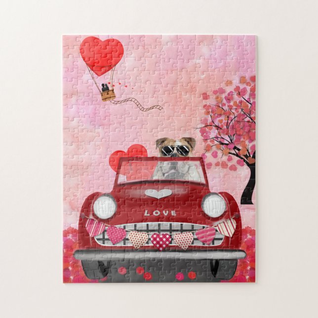 Engelska bulldog-körkort med Hearts Valentine' Pussel (Vertikal)