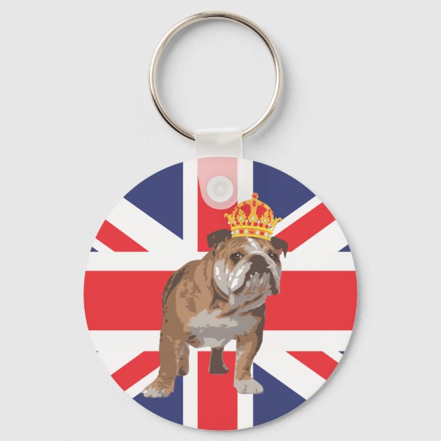 Engelska Bulldog med Krona och Union Jack Nyckelring (Framsida)